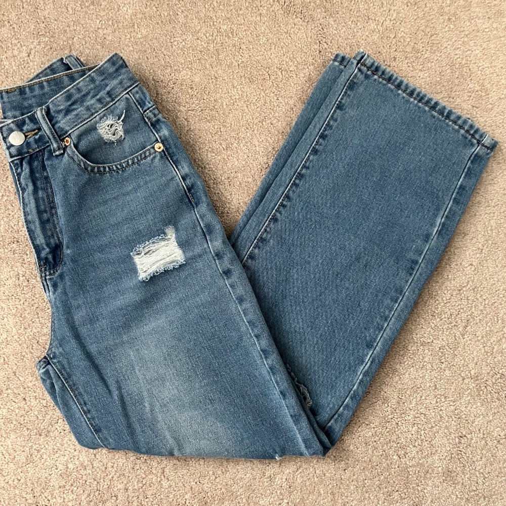 SOLD SHEIN PETITE Ripped Frayed Cut Out Straight Leg Jeans Blue Dark Wash - Picture 4 of 6